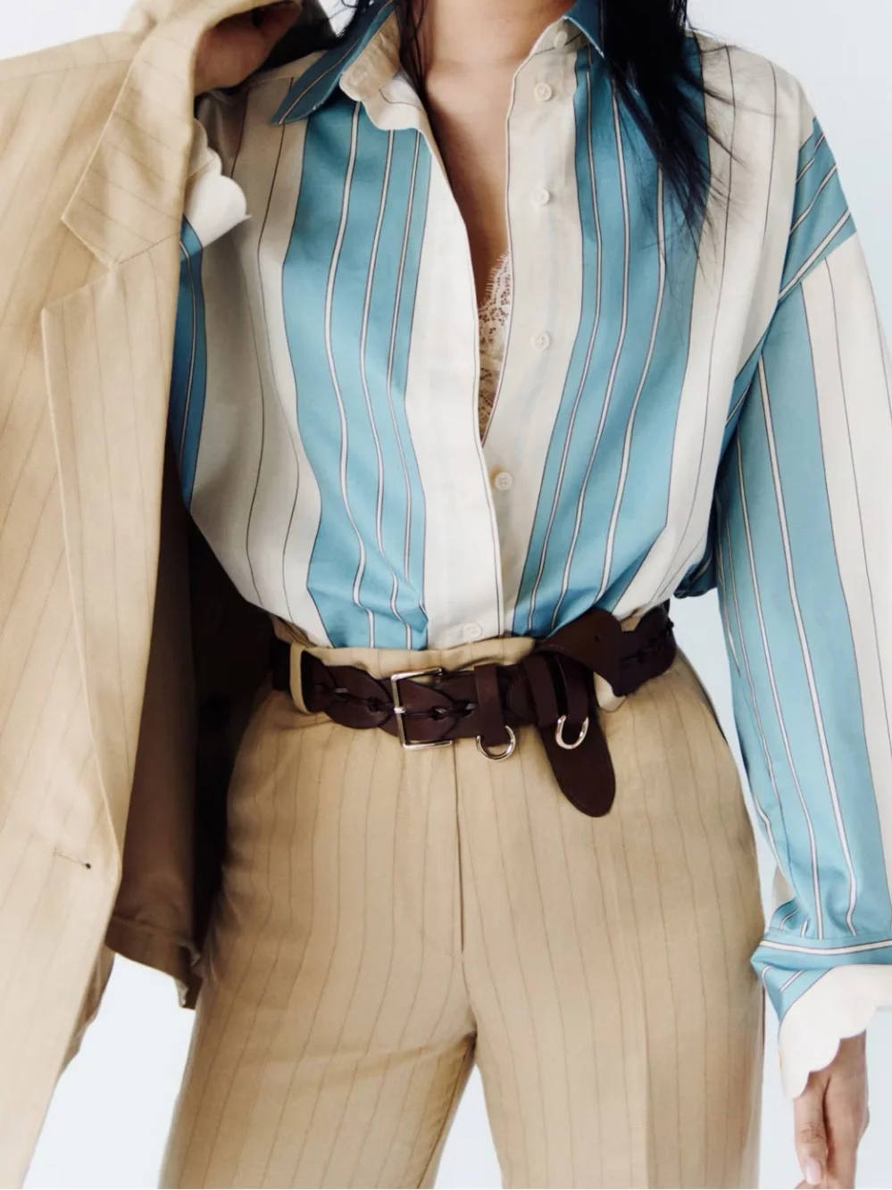 H&M Beige Pinstripe LINEN-BLEND DRESS PANTS